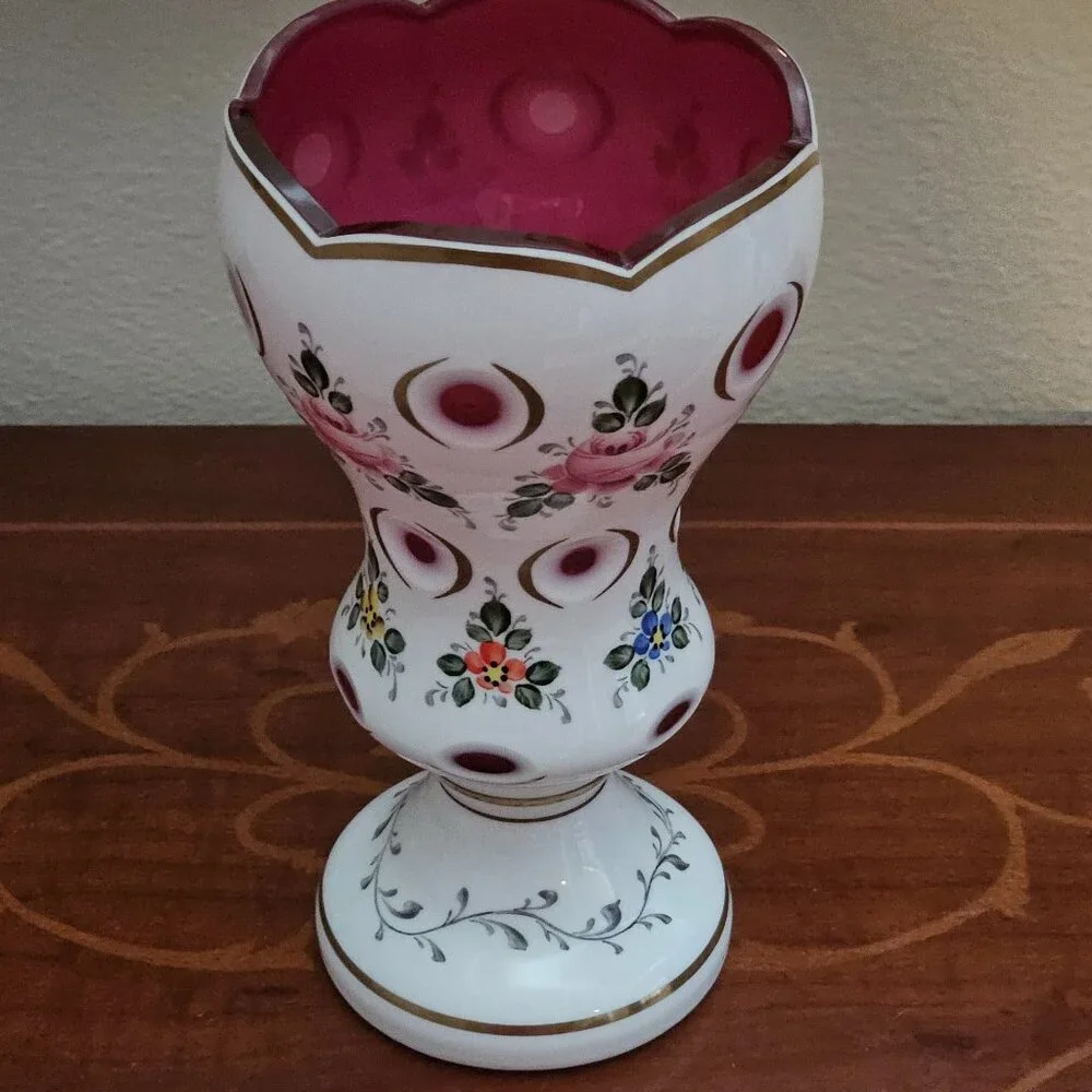 ANTIQUE VINTAGE BOHEMIAN CZECH MOSER FLOWER HAND PAINTED CUT TO CLEAR GLASS VASE